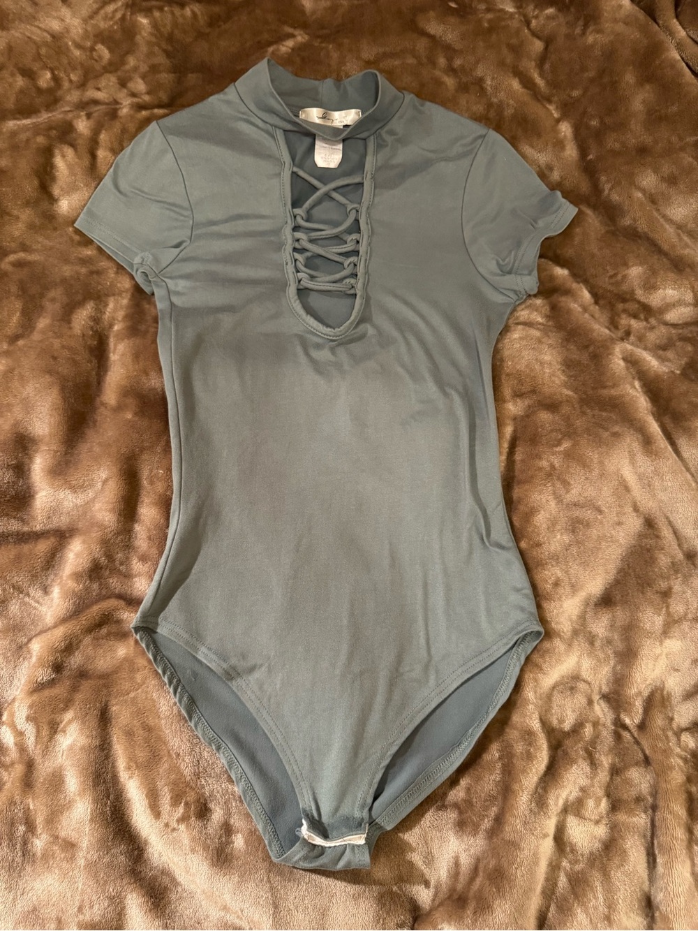 Short-Sleeve Lace-Up Kids One-Piece Bodysuit in Dusty Blue